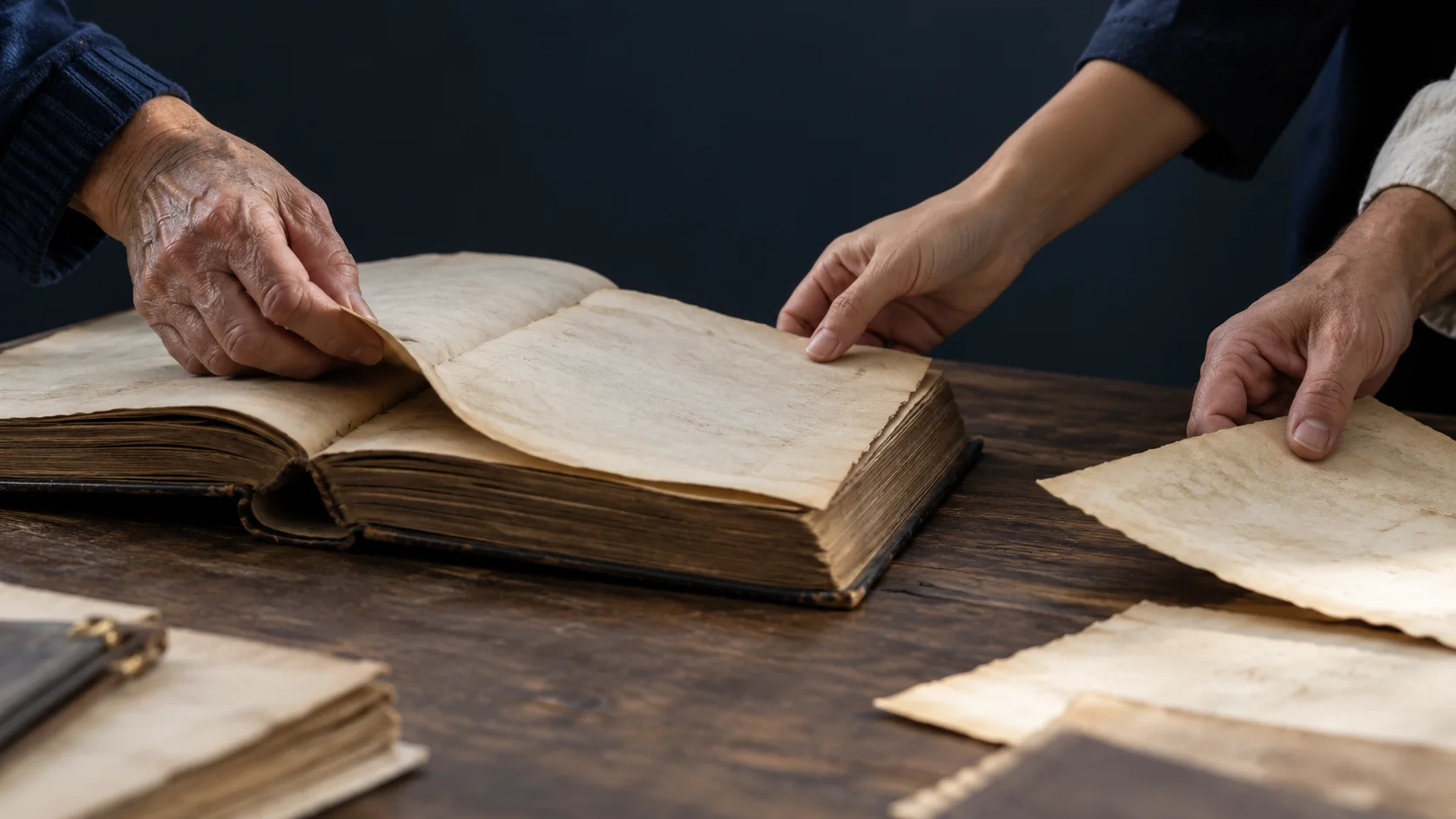 Hands of different generations carefully examining an old book and papers on a wooden table.