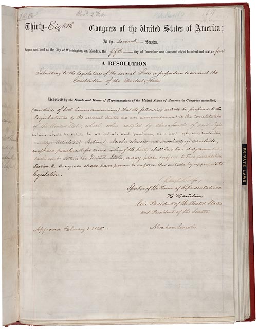 The handwritten congressional resolution proposing the Thirteenth Amendment, with officials’ signatures below.